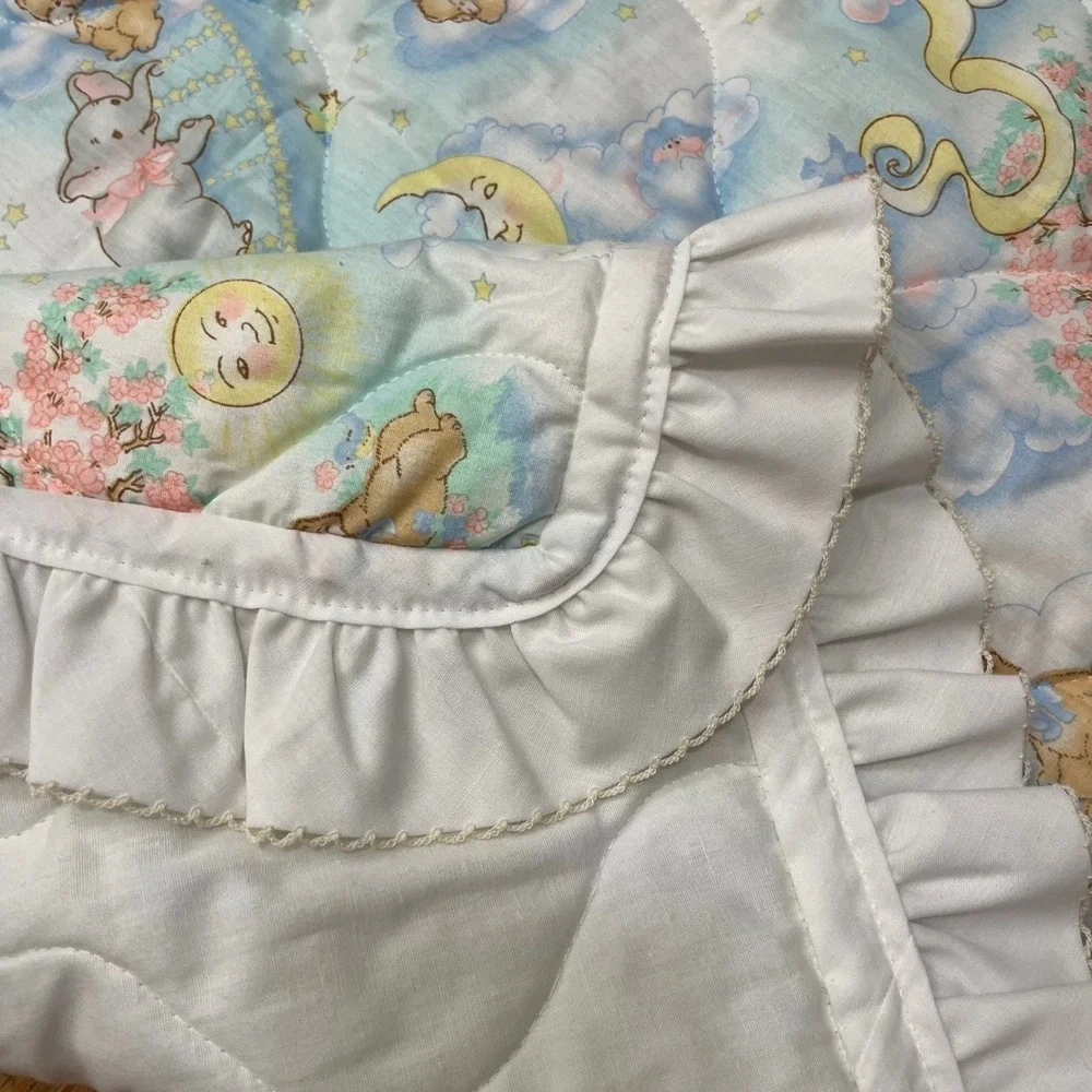 Bunny and Bear Quilted Baby Blanket Ruffle Moon Stars‎ Floor Blanket 49" X 52"